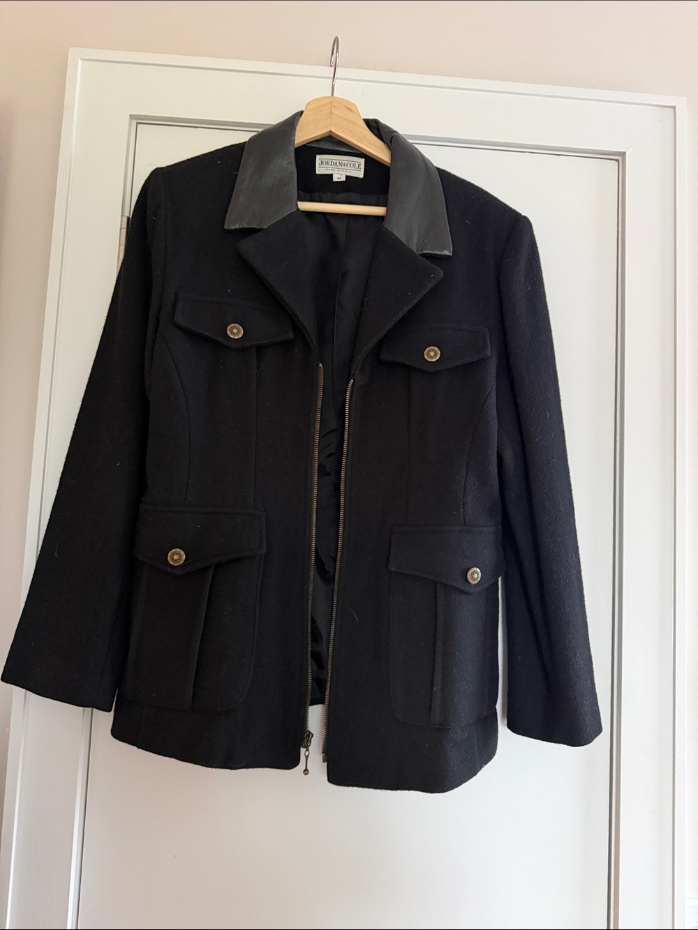 Black Wool-Blend Jacket with Leather Trim Collar
